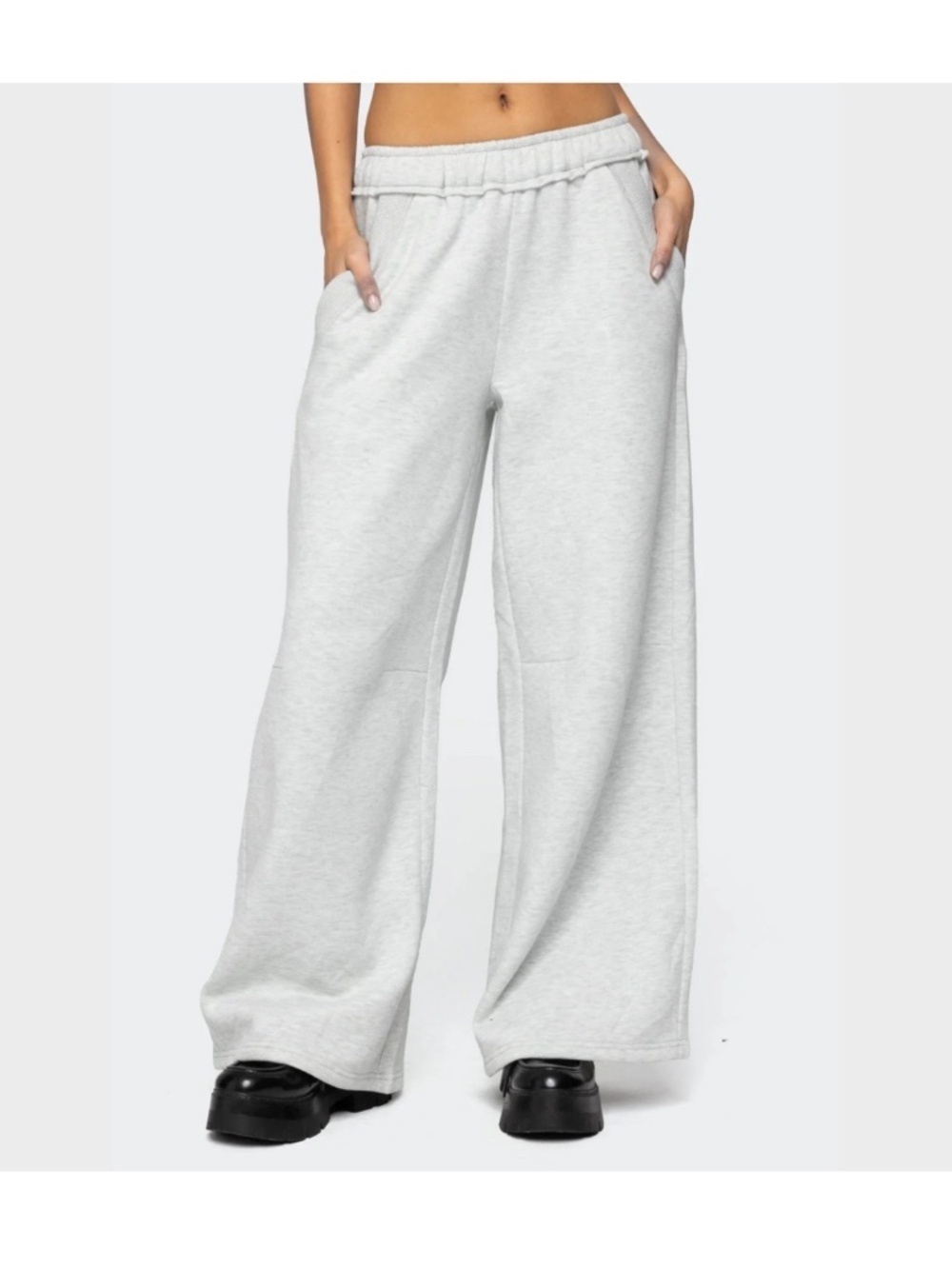 Edikted Kori Oversized Wide-Leg Sweatpants Gray Melange Pocket Fleece NEW Medium